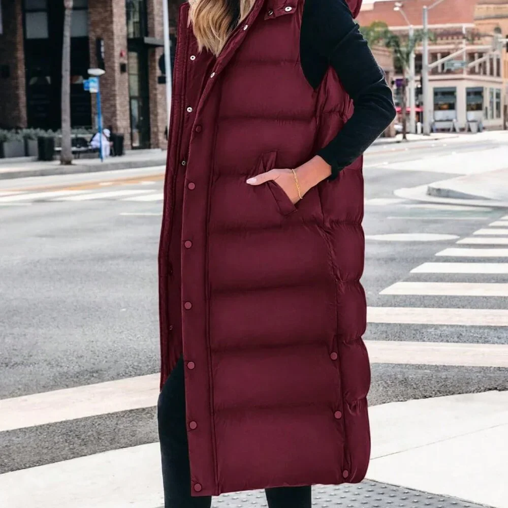 Burgundy Casual Women's Long Quilted Hooded Vest